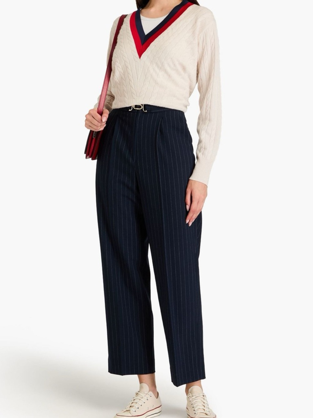 Sandro Cream Cable Knit V-Neck Sweater with Red and Navy Trim